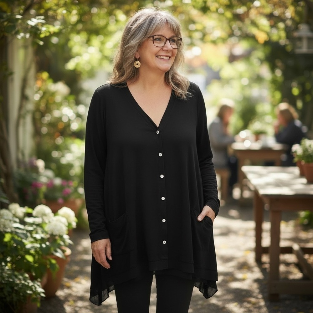 LOGO Lori Goldstein Black Sharkbite Chiffon Hem‎ Cardigan V-Neck Pockets Plus 1X